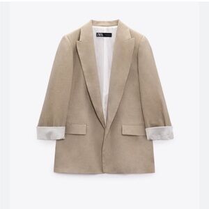 ZARA Linen Blazer Beige Tailored Neutral Jacket Women’s XS Fully Lined NWOT